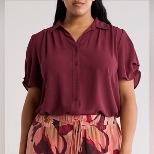 Adrianna Papell Gathered Short Sleeve Button-Up Shirt